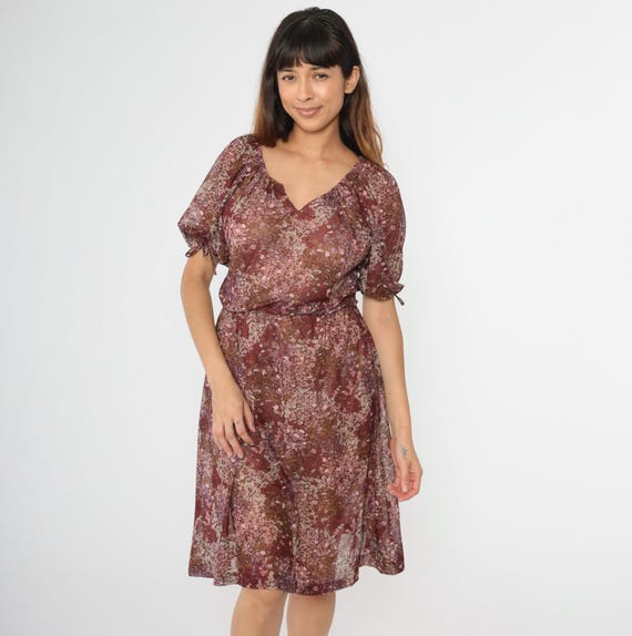 Vintage 70s Boho Floral Dress Semi-Sheer Peasant High Waist Elastic Burgundy Pink Midi Blouson Bohemian 1970s Short Sleeve Small