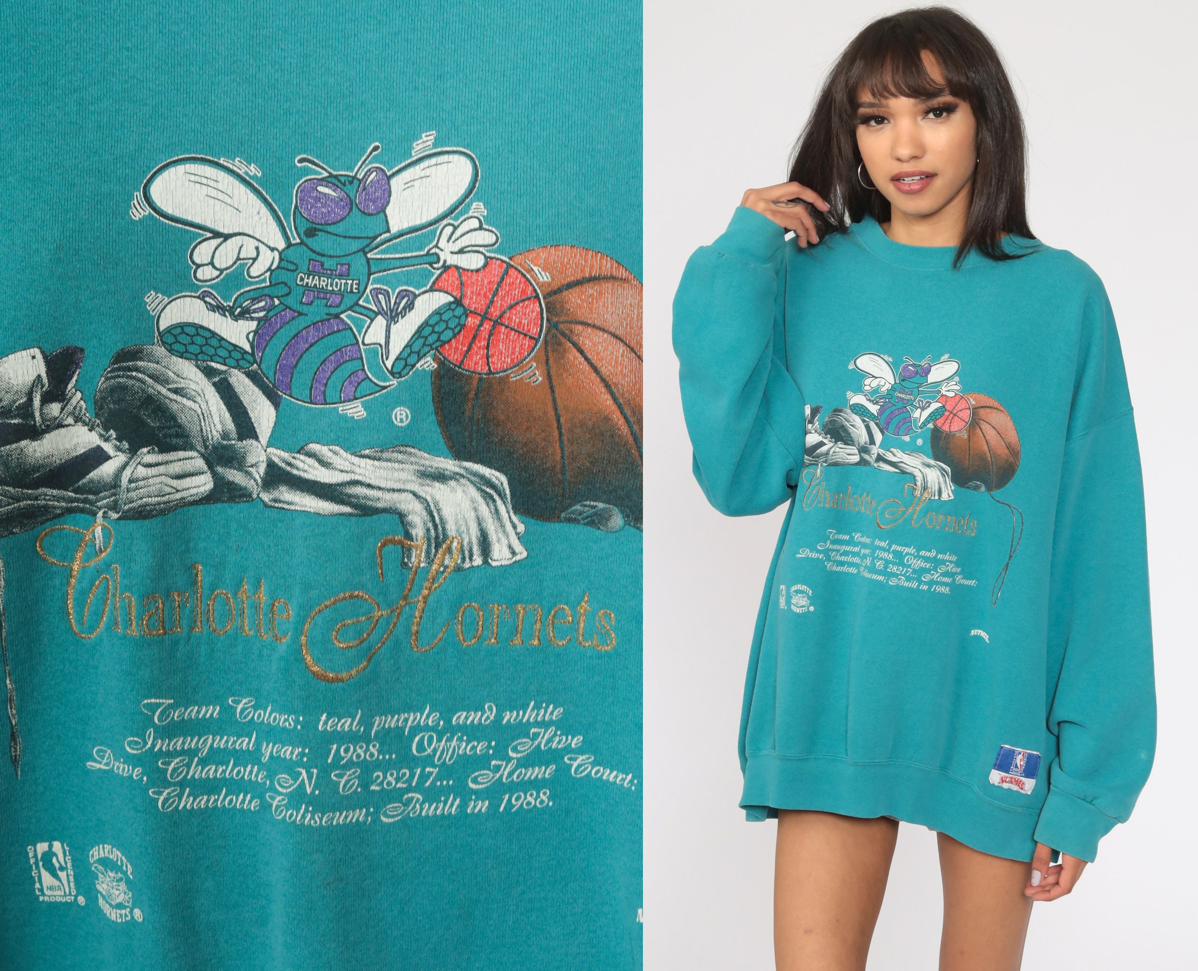 Charlotte Hornets Shirt 90s Nba Sweatshirt Graphic Basketball Retro North Carolina Sports Pullover Nutmeg Mills 1990s Vintage Extra Large Xl