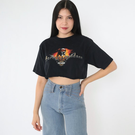 Vintage Harley Davidson Crop Top Pirate Skull Shirt Cropped Black Tee Bahamas Caribbean 2000s Y2K Biker Graphic T-Shirt Medium M
