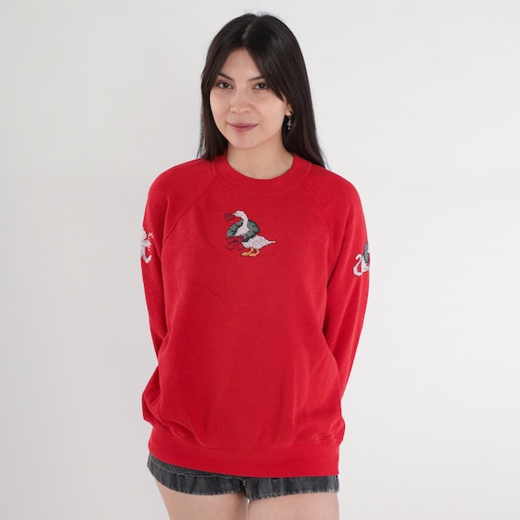 90s Christmas Sweatshirt Cat Goose Mouse Shirt Cross-Stitch Winter Holiday Xmas Graphic Shirt Red Raglan Sleeve Vintage 1990s Extra Large xl