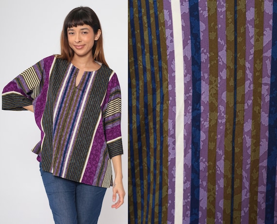80s Striped Tunic Top Purple Blue Olive 3/4 Sleeve Shirt Slit Neckline Blouse Vintage 1980s Boho Blouse Retro Plus Size 46/26WW