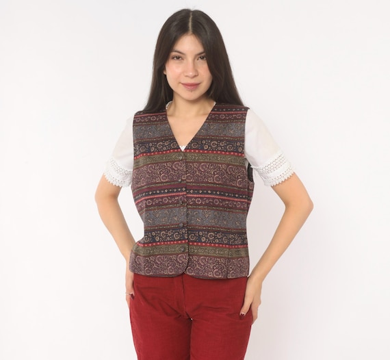 Paisley Silk Vest 90s V Neck Purple Navy Striped Floral Jacquard Sleeveless Layering Top Plum Bordeaux Academic Dark Collegiate Medium M