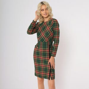90s Plaid Dress Green Red Tartan Long Sleeve Checkered Print High Waist Midi Vintage Dark Academia  Button Back Small 4