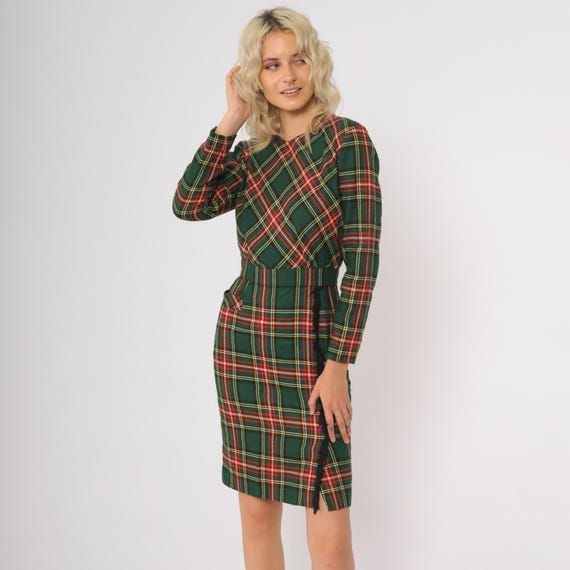 90s Plaid Dress Green Red Tartan Long Sleeve Checkered Print High Waist Midi Vintage Dark Academia  Button Back Small 4
