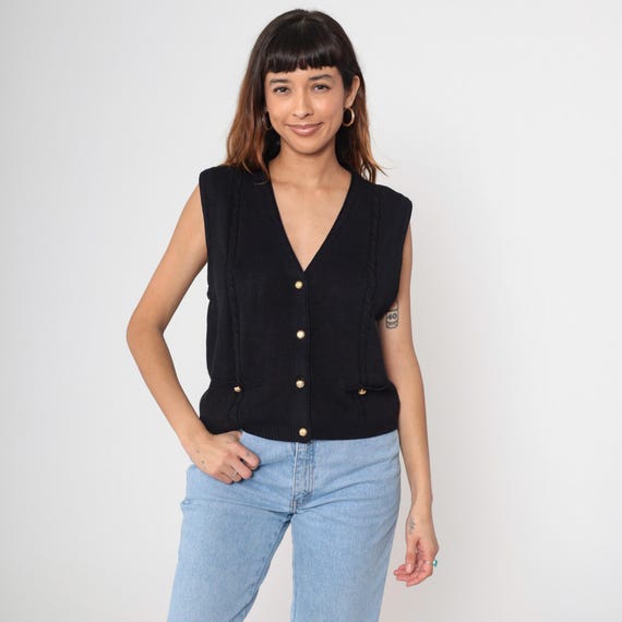 Black Knit Vest 90s Deep V Neck Button Front Sleeveless Cardigan Sleeveless Sweater Boho V Neck Button Up Vest Plain Preppy Medium M