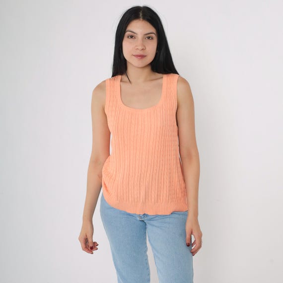 90s Cable Knit Vest Peach Sweater Top Sleeveless Sweater 1990s Sleeveless Pullover Vintage Cableknit Scoop Neck Small