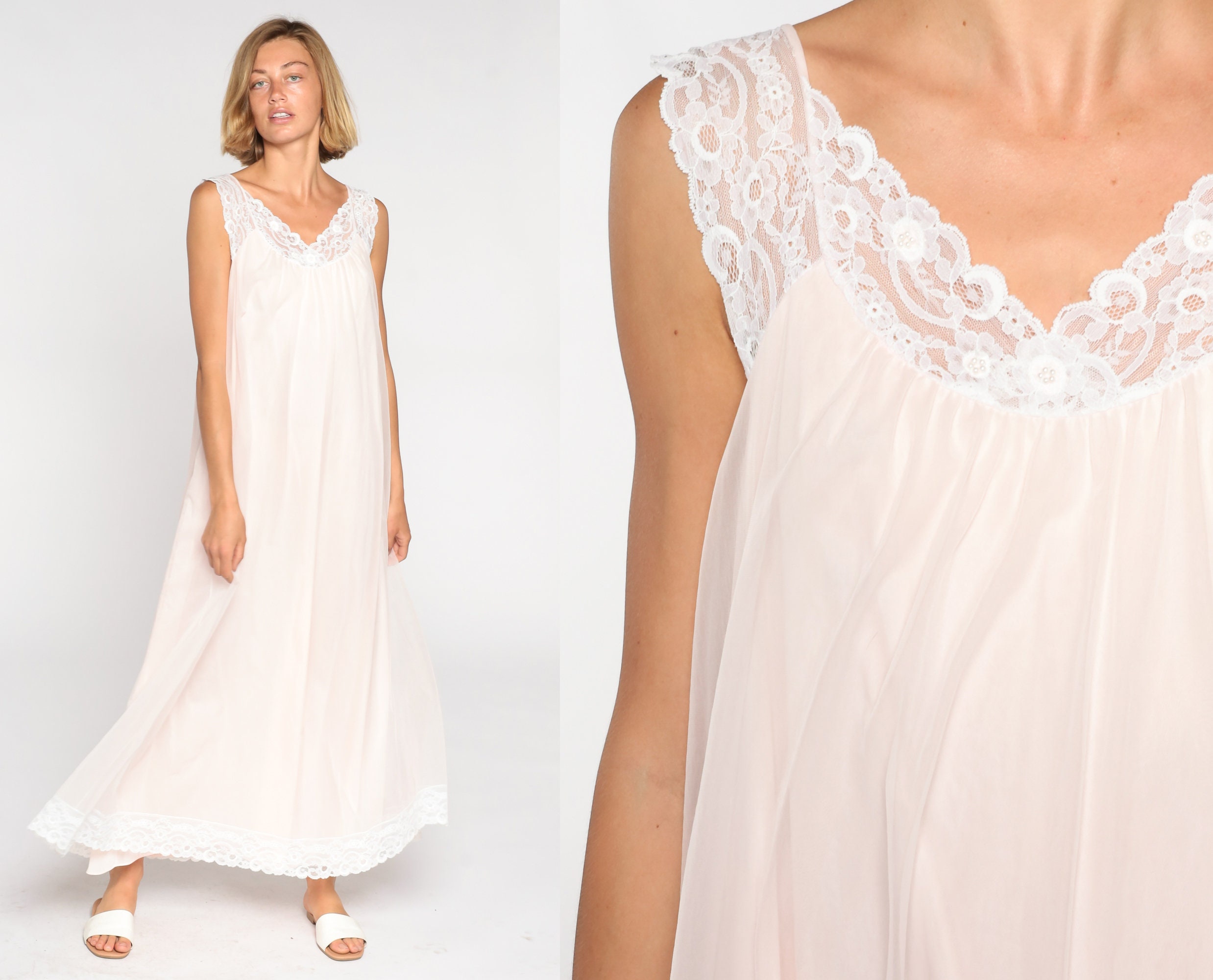 Lace Nightgown 70s Blush Pink Lingerie Slip Dress Lace Trim Maxi