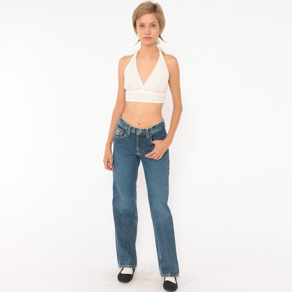 Y2K Cruel Girl Jeans Low Rise Straight Leg Medium Wash Dark Blue Cotton Denim Faded Trousers Vintage Womens Casual Everyday Extra Small XS