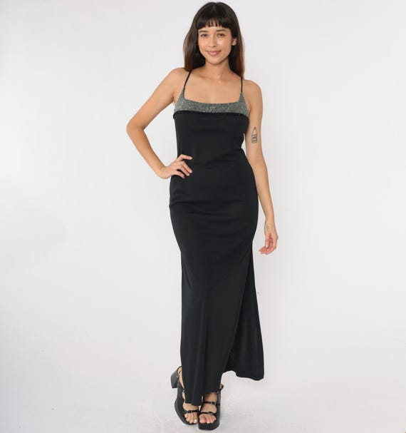 90s Party Dress Black Beaded Maxi Spaghetti Strap Evening Dress Keyhole Long Cocktail Prom Open Back Strappy Silver Sparkle Formal Medium