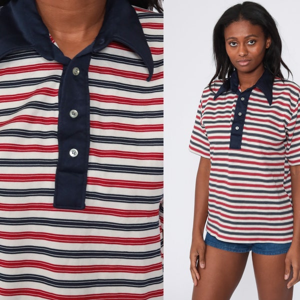 Striped Polo Shirt 70s Shirt Navy Blue Red White Half Button Up Shirt Polo Shirt Collared 1970s Stripes Nerd Retro Vintage Medium Large