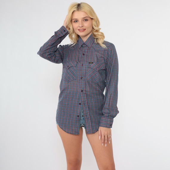 80s Plaid Western Shirt Lee Button Up Shirt Blue Red Checkered Long Sleeve Retro Top Vintage 1980s Red Yellow Green Small