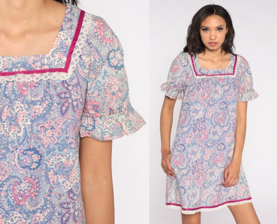 80s Paisley Dress Puff Sleeve Dress Pastel Print Mini Dress Ruffled Lace Trim 1980s Short Sleeve Vintage Shift Patterned Tent Dress Small S