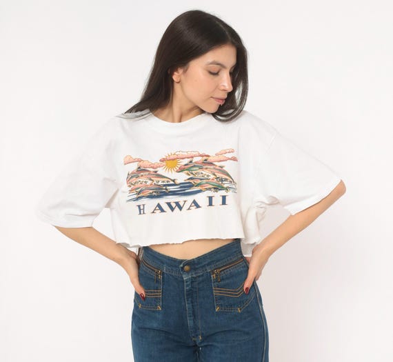 Hawaii Dolphin Crop Top 90s Souvenir Tee White Cotton Cropped Shirt Tropical Beach Vacation Raw Hem Surf Summer Travel Tourist Medium M