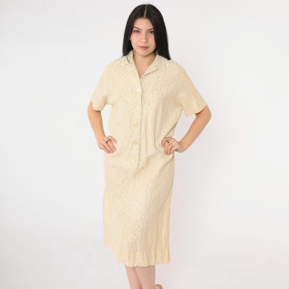 60s Mod Lace Dress Cream Shift Midi Cocktail Dress Vintage 1960s Button Up Party Dress Hippie Twiggy Short Sleeve Medium M