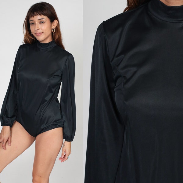 Black Bodysuit Top 70s Blouse Mockneck Long Sleeve Leotard Mock Neck Shiny Shirt Minimalist Simple Basic Plain Chic Vintage 1970s Large L