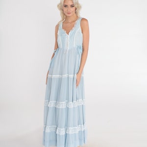 70s Gunne Sax Dress Baby Blue Sundress Prairie Maxi Bohemian Lace up ...