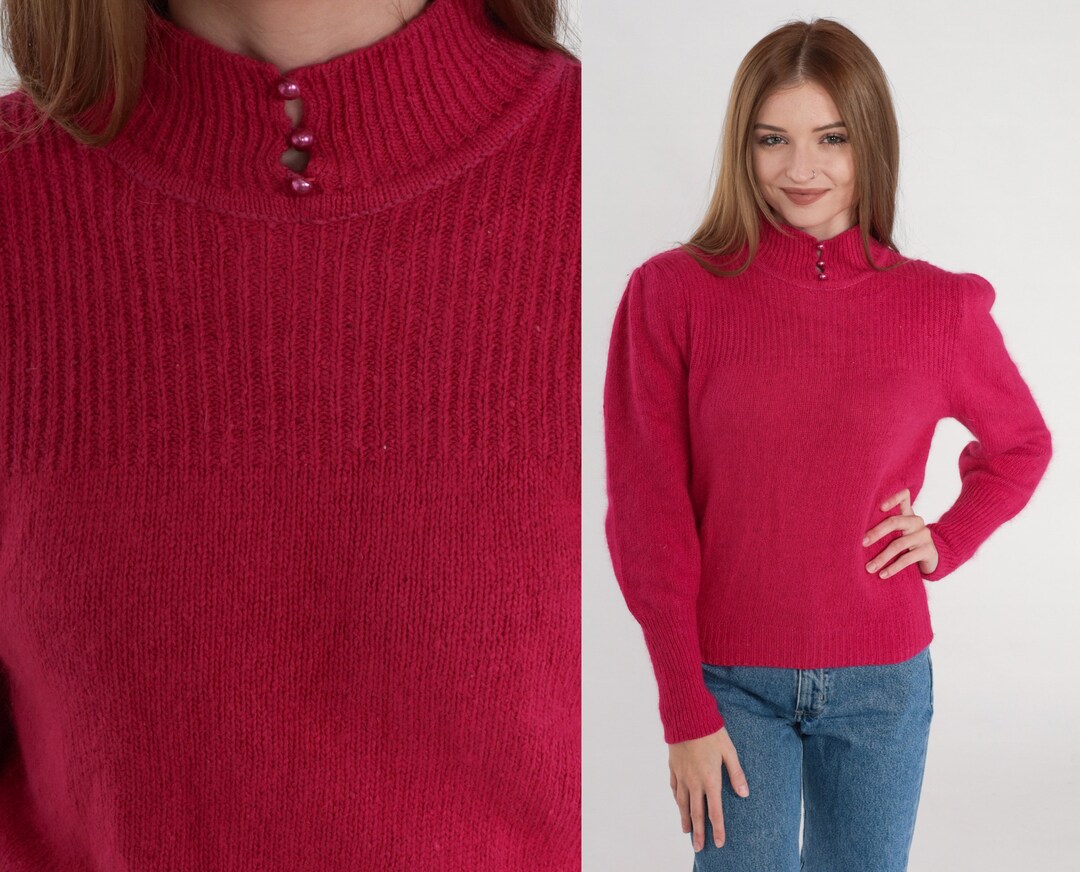 Deep Pink Sweater 80s Button Neck Knit Pullover Mock Neck Sweater Puff