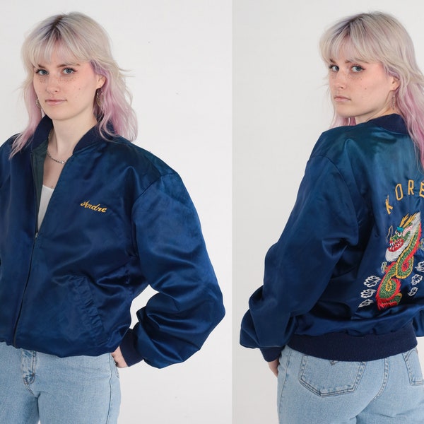 Korea Souvenir Jacket Dragon Bomber Jacket 80s Korean Sukajan Blue Satin Baseball Coat Embroidered Asian Flight Vintage Moto Medium Large