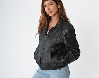 80s Leather Jacket Black Leather Moto Jacket Motorcycle Punk Rock Zip Up Coat Eighties Rocker Biker Zipper Pockets Vintage 1980s Small 40