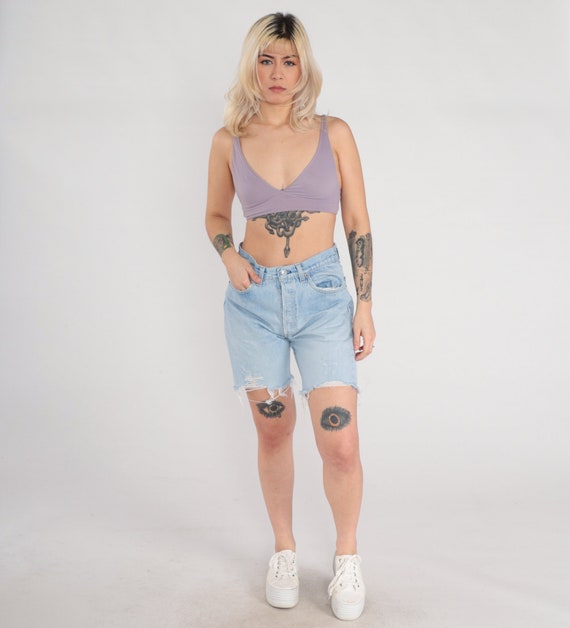 Levis Denim Cutoffs 90s Cutoff Jean Shorts Mid Length Light Wash Blue High Waisted Frayed Cut Off Bermuda Levi Vintage 1990s Medium Large