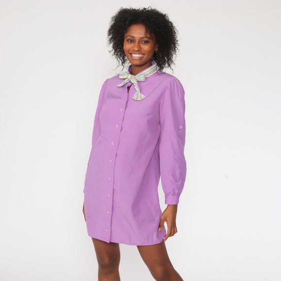 Purple Ascot Dress 70s Puff Sleeve Mini Button Up… - image 6