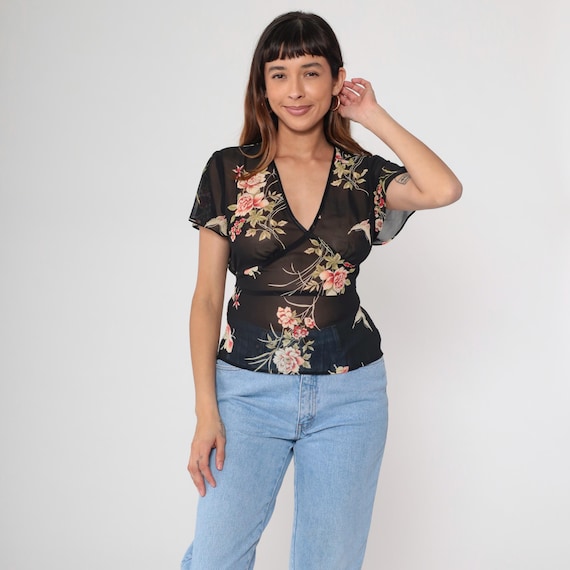 Floral Wrap Top 90s Black Sheer Rose Print Deep V Neck Short Sleeve Tie Back Transparent See Through Pink Roses Bird Print Asian Medium M
