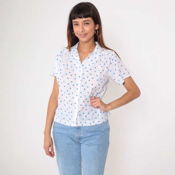 80s White Polka Dot Shirt Semi-Sheer Short Sleeve Top Button Up Shirt 1980s Top Vintage Secretary Blouse Casual Blouse Blue Medium