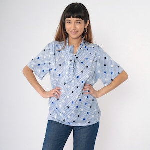 Vintage Polka Dot Blouse 80s Neck Tie Top Blue White Striped Secretary 1980s Short Sleeve Preppy Retro Extra Large xl 42