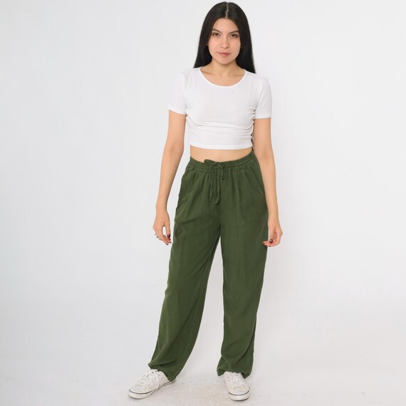 Vintage Olive Silk Baggy Pants 90s Tapered Straight Leg Drawstring Elastic Waist Retro Lounge Pants Basic Pockets 1990s Small S