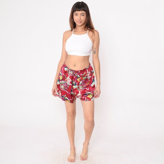 90s Silk Boxer Shorts Cycling Bike Race Print Shorts Nicole Miller Underwear Red European Bicycle Racing 1990s Vintage Large