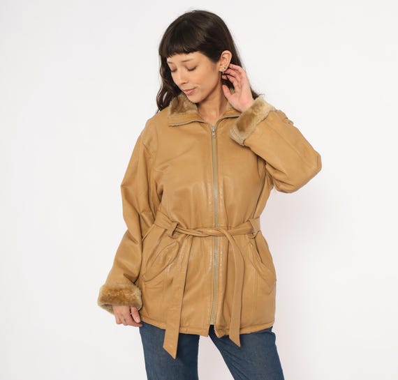 Fur Trimmed Leather Jacket 2000s Tan Belted Coat Camel Zip Front Sand Brown Cuff Collar Lined Hip Length Warm Winter Women Vintage Small S