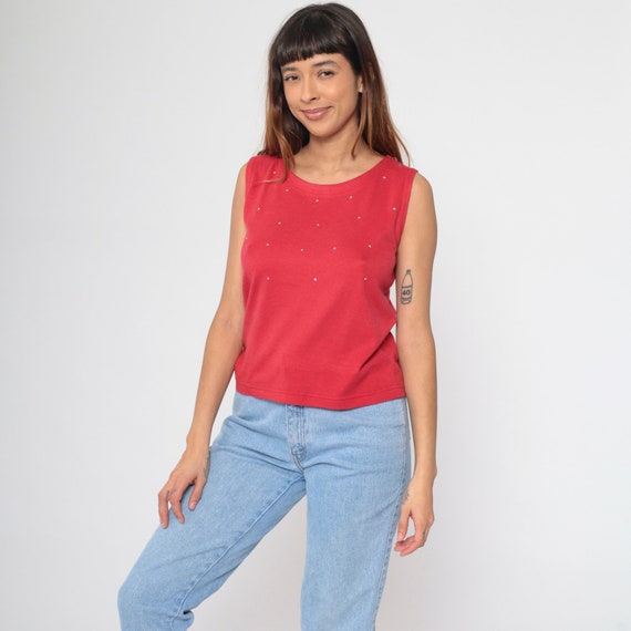 Red Rhinestone Tank Top 90s Embellished Tank Top Retro Sleeveless Shirt Basics Plain Fitted Simple Basic Vintage 1990s Small Petite