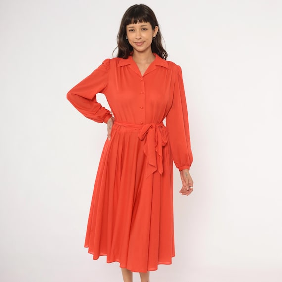70s Tangerine Shirtdress Bright Orange Bishop Sleeve Salmon Full Skirt Red Vintage Tie Belt Flowy Swing Dress Summer Sundress Large L
