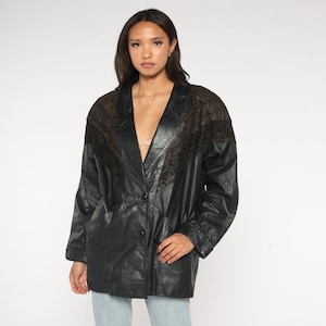 80s Leather Jacket Black Motorcycle Jacket 90s Leaf Leopard Print Biker 1980s Vintage Deep V Neck Coat Boxy Large L