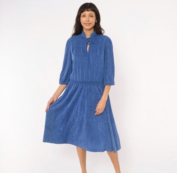 80s Cobalt Terry Cloth Dress Tie Neck Ruffle Collar Puff Sleeve Elastic Waist Flared Skirt Royal Blue Keyhole Front Women Vintage Large L