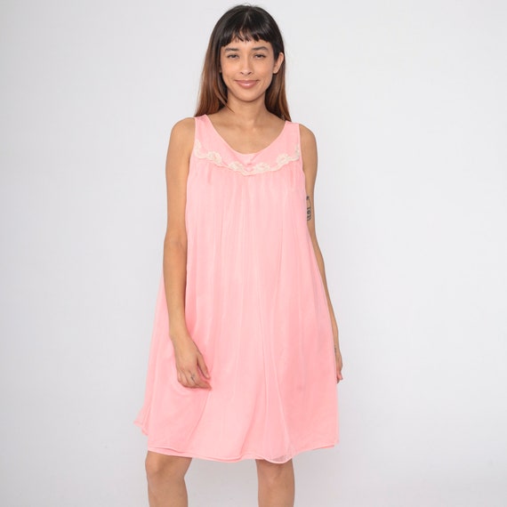 Pink Nightgown 70s Lingerie Slip Dress Midi Nightie Lace Trim Sleeveless Tent Trapeze Sleep Lounge Pinup Filmy Nylon 1970s Vintage Large L
