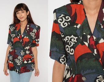 Abstract Print Blouse 90s Double Breasted Button Up Shirt Retro Secretary Top Fitted Short Sleeve Collared Blue Red Vintage 1990s Medium M