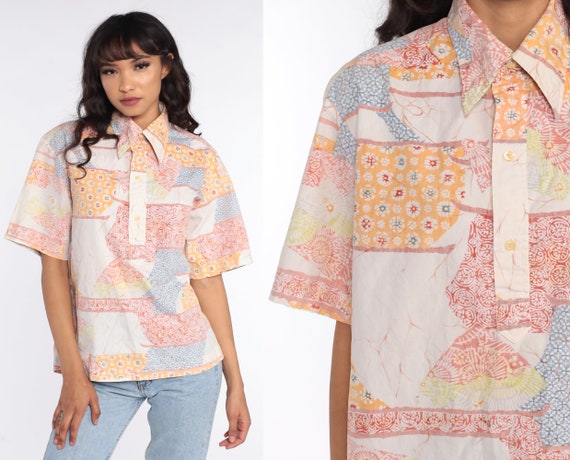 Patchwork Batik Boho Blouse Floral Geometric Prin… - image 1