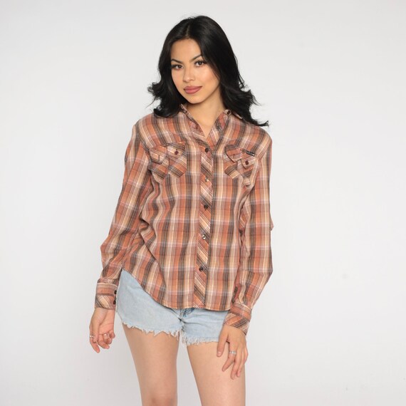 Metallic Plaid Shirt 70s Brown Flannel Button Up Top Retro Western Shirt Long Sleeve Hippie Boho Blouse Rodeo Shirt Vintage 1970s Small S