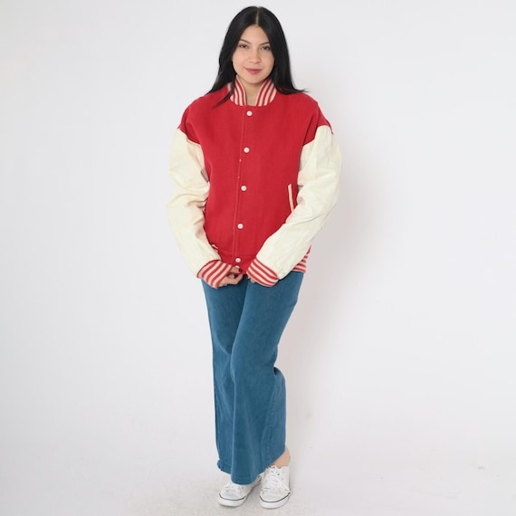 Vintage Red Letterman Jacket Distressed Wool Varsity Jacket 80s Bomber Baseball Coat Leather Coach Sports Snap Up 1980s Men's Medium M