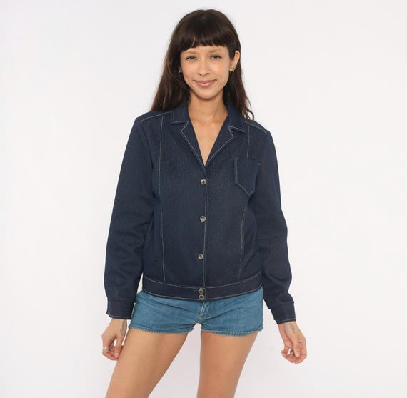 70s Denim Style Jacket Button Front Blazer Dark Blue Contrast Stitch Chest Pocket Cuffed Sleeve Workwear Cropped Coat Vintage Medium M