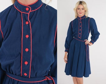 Navy Blue Shirtwaist Dress 80s Button up Midi Dress Long Puff Sleeve High Waisted Mock Neck Belted Knee Length Vintage 1980s Extra Small xs