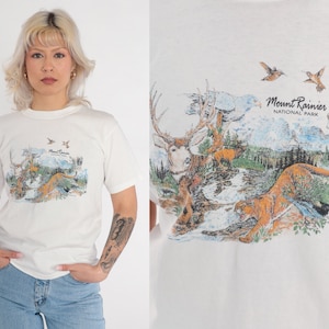 Mount Rainier Shirt 90s Washington National Park T-Shirt Wildlife Graphic Tee Deer Elk Hummingbird Goat TShirt Vintage 1990s Extra Small xs