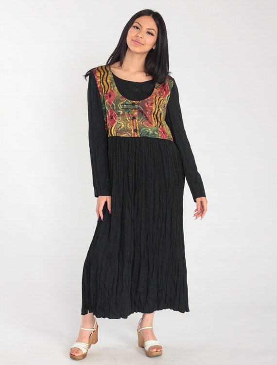 Long Black Dress 90s Abstract Print Attached Vest Maxi Dress Ankle Length Boho Artsy Layered Outfit Retro Long Sleeve Vintage 1990s Large 12