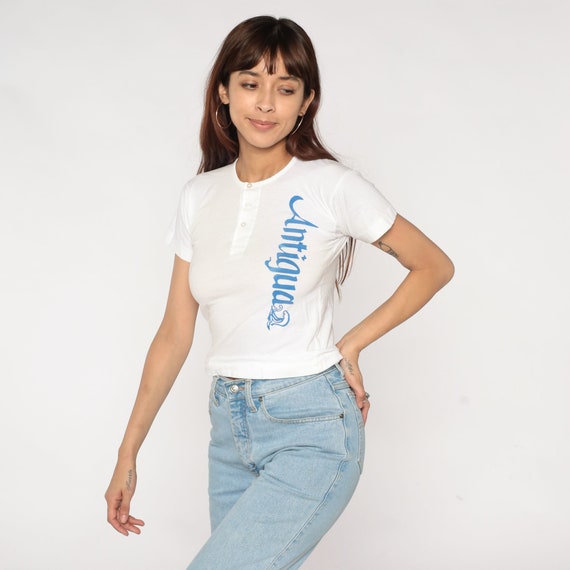 Vintage Antigua Shirt Caribbean Islands TShirt Wave Single Stitch Shirt 80s Graphic T Shirt Henley White 1980s Paper Thin Extra Small xs