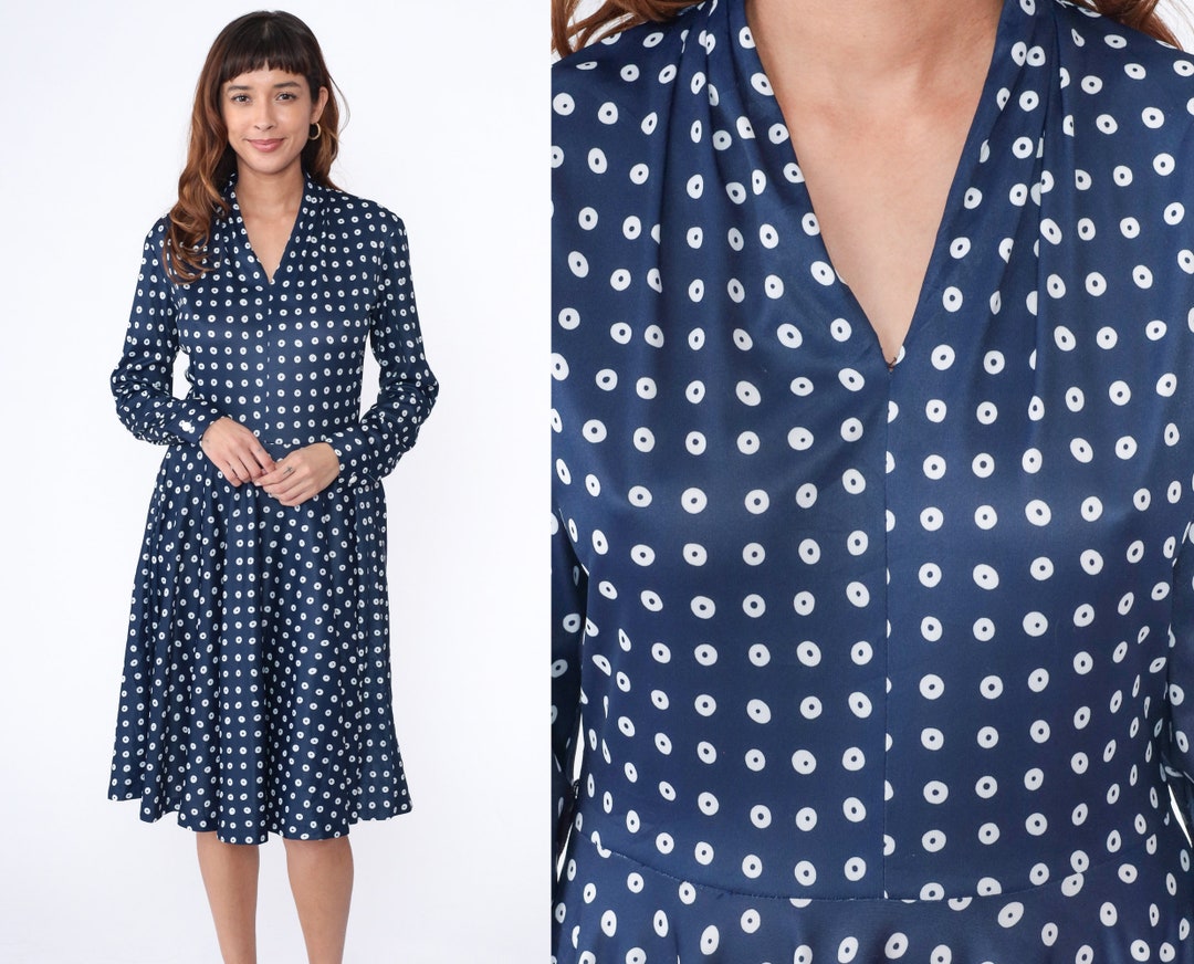 70s Midi Dress Polka Dot Dress V Neck Dress 1970s Boho Navy Blue High ...