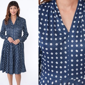 70s Midi Dress Polka Dot Dress V Neck Dress 1970s Boho Navy Blue High Waisted Retro Vintage Long Sleeve Flared Polyester Bohemian Medium 10 image 1