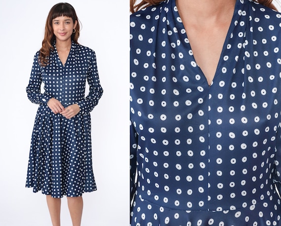 70s Midi Dress Polka Dot Dress V Neck Dress 1970s Boho Navy Blue High Waisted Retro Vintage Long Sleeve Flared Polyester Bohemian Medium 10