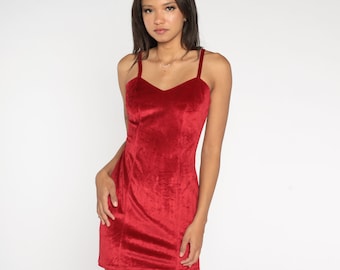 Red Party Dress 90s Velour Sweetheart Neckline Dress 1990s Mini Summer Fitted Bodycon Tight Sheath Spaghetti Strap Vintage Extra Small xs