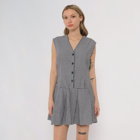 70s Gingham Dress Navy White Check Drop Waist Button Front Sleeveless V Neck Mini Pleated Skirt Preppy School Girl Tennis Mod Large L